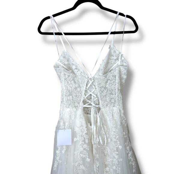 Lulus Bridal NWT Glorious Luxury White Sheer Tulle Embroidered Beaded Maxi Gown - Picture 8 of 10